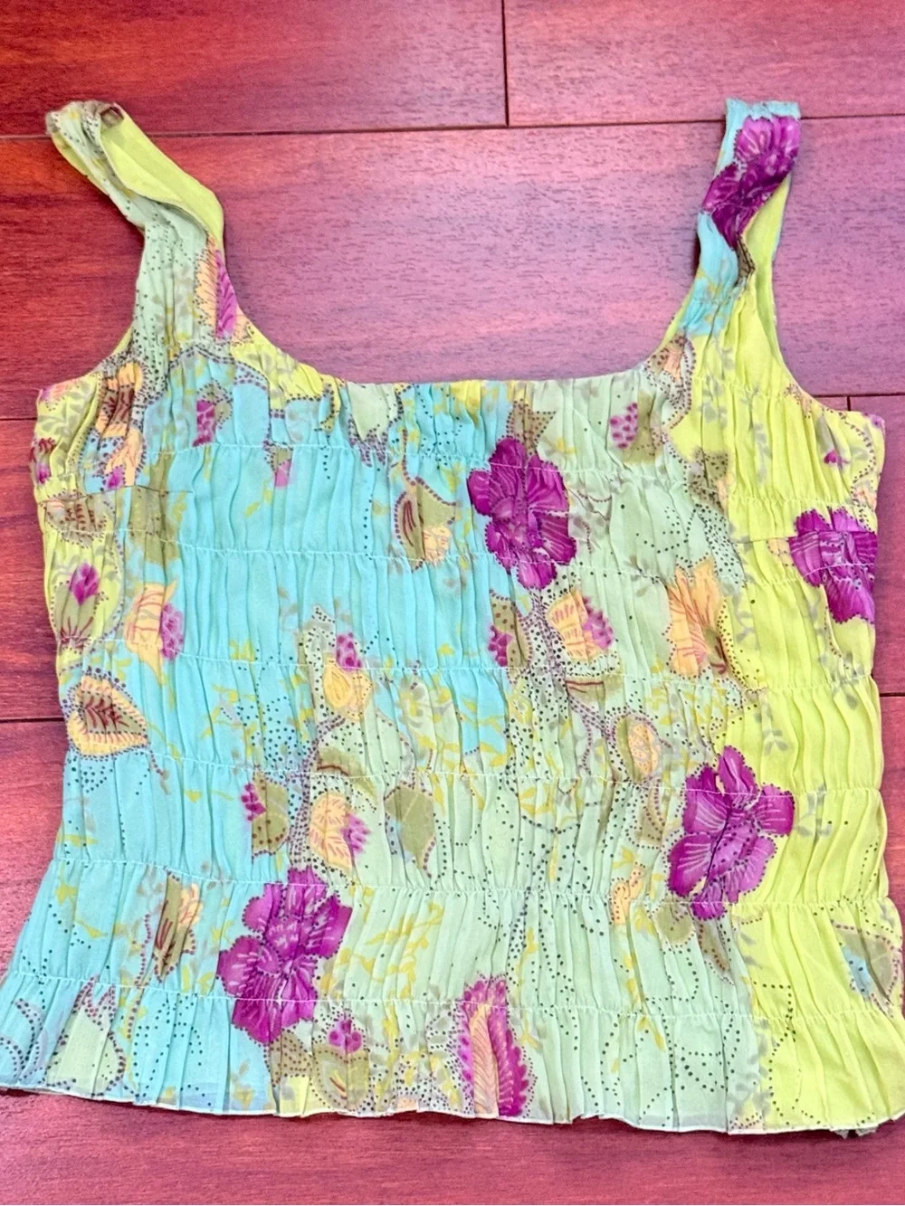Smocked Square-Neck Tank Top in Lime Green with Purple Floral